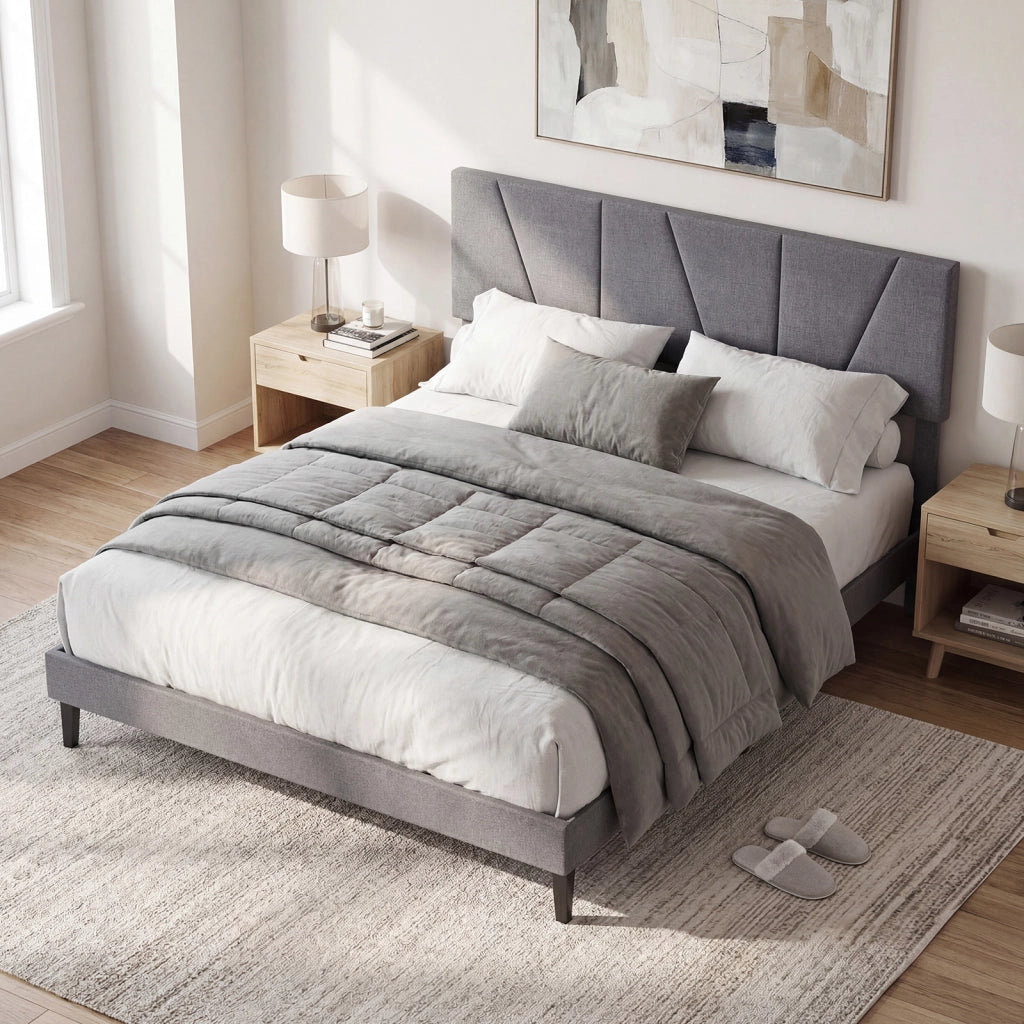 Struttura letto matrimoniale piattaforma silenziosa con testiera regolabile in altezza, Letto piattaforma rivestita in lino 140x200 cm Grigio scuro