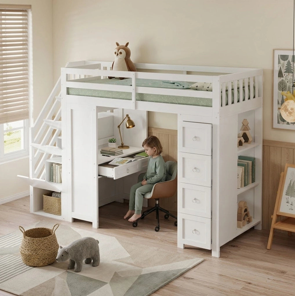 LETTO a soppalco multifunzione 90x200 cm bianco con scrivania e cassetti