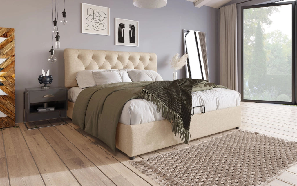 Letto matrimoniale idraulico 160x200 cm con testiera regolabile, struttura in metallo e legno, contenitore integrato, colore naturale, con materasso a molle