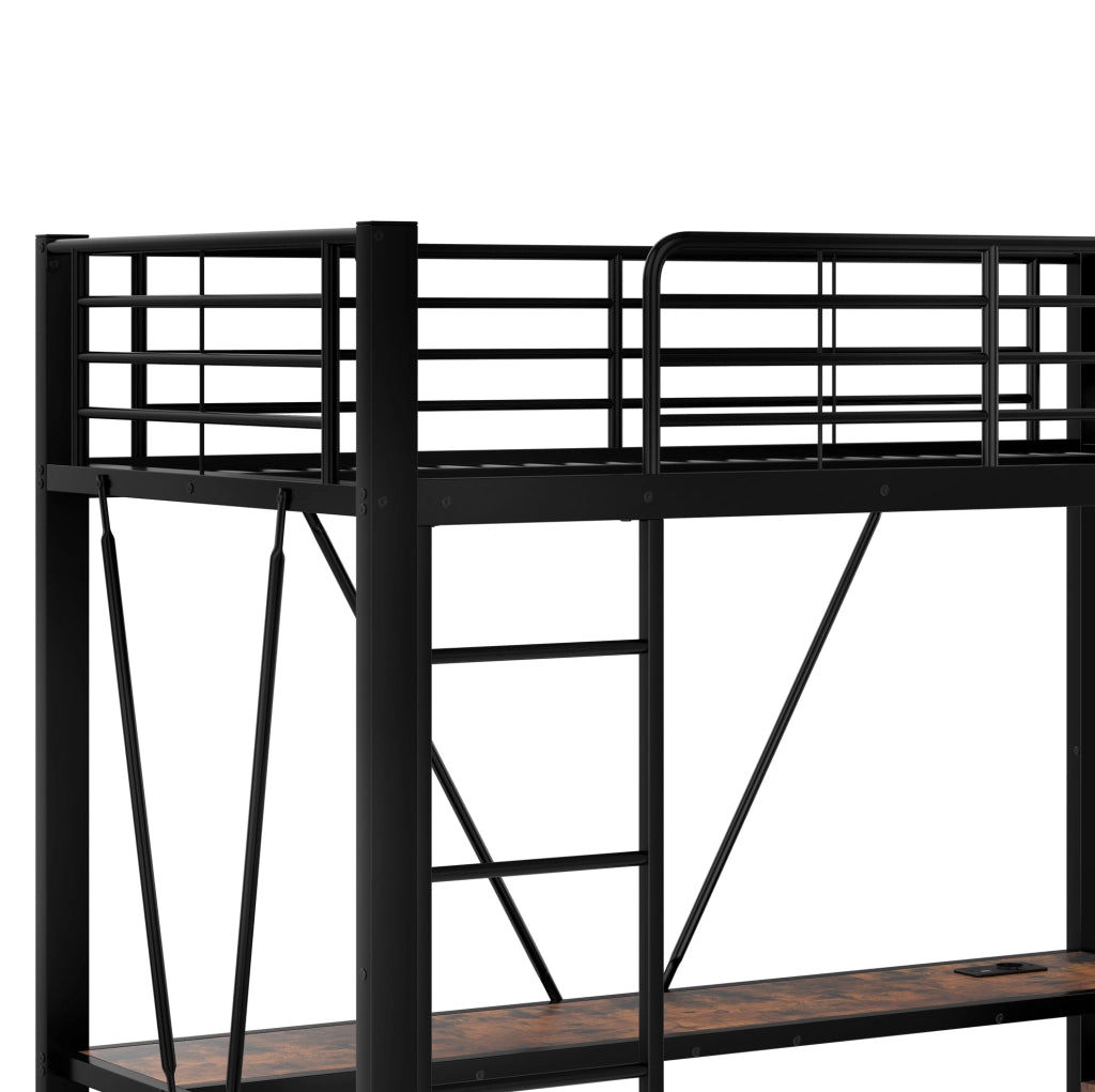 LETTO SOPPALCATO 90x200 cm Nero con scrivania, LED e USB TYPE-C
