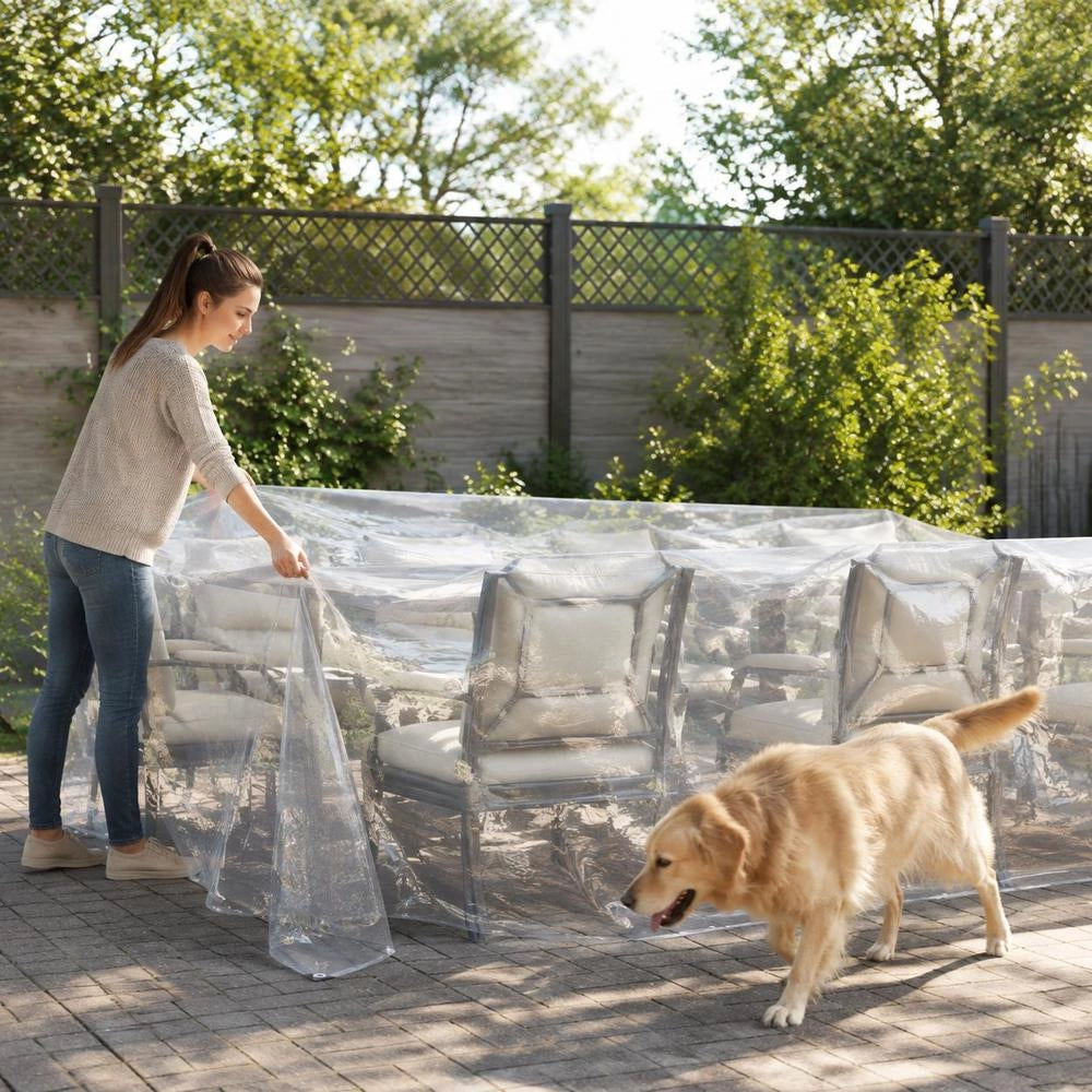 Telo trasparente con occhielli, 5x8 m, in polietilene, robusto e versatile, ideale per esterni, giardino e balcone