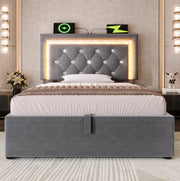 Letto singolo 90x200 cm in velluto grigio con LED, presa USB e Type-C, contenitore e materasso
