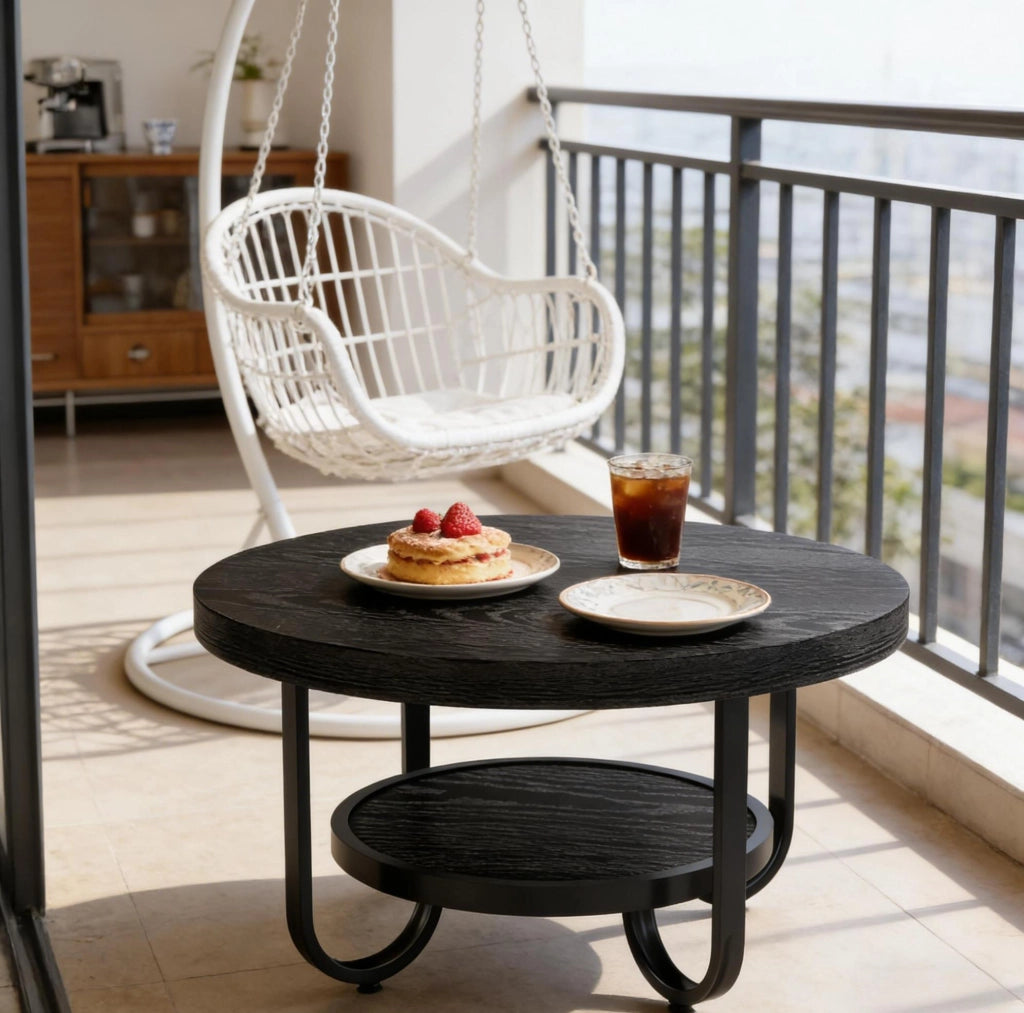 TAVOLINO DA CAFFÈ rotondo 79 cm 2 ripiani nero MDF e metallo