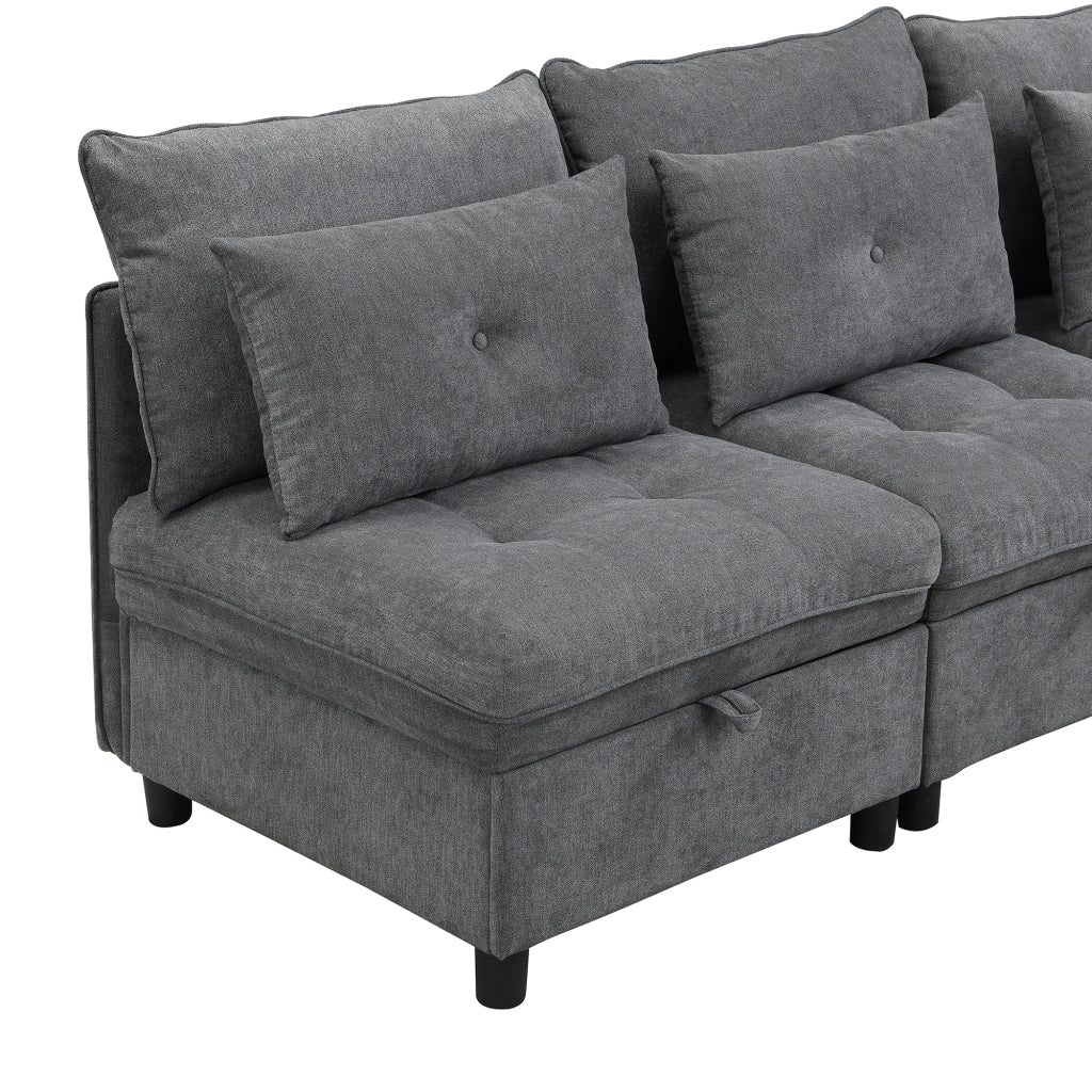 Divano modulare 4 posti con contenitore, funzione letto e rivestimento in chenille, Grigio Antico