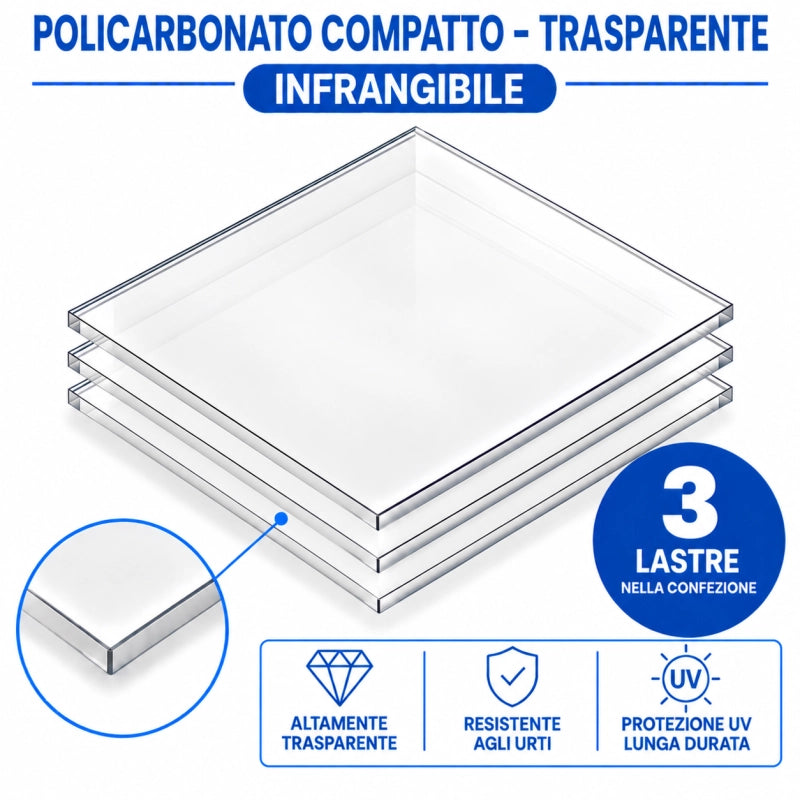 EZOOZA Policarbonato Compatto 4 mm 100x100 cm Trasparente 3 Pz