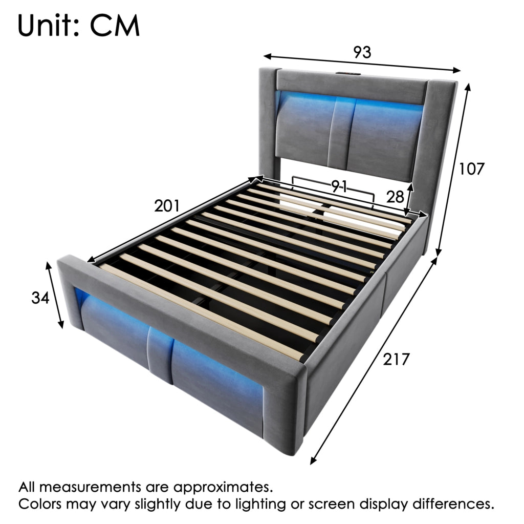 Letto singolo contenitore 90 × 200 cm con LED; USB e Type-C; velluto grigio