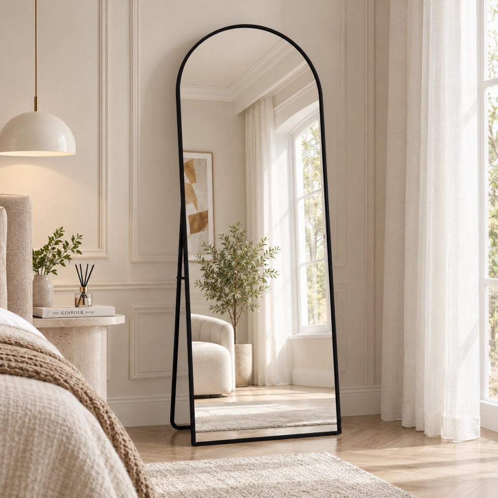 Specchio a Figura Intera 160x50 cm, Specchio da Terra ad Arco con Supporto Regolabile, Vetro Temperato HD, Cornice in Alluminio per Camera da Letto Soggiorno, Nero Opaco
