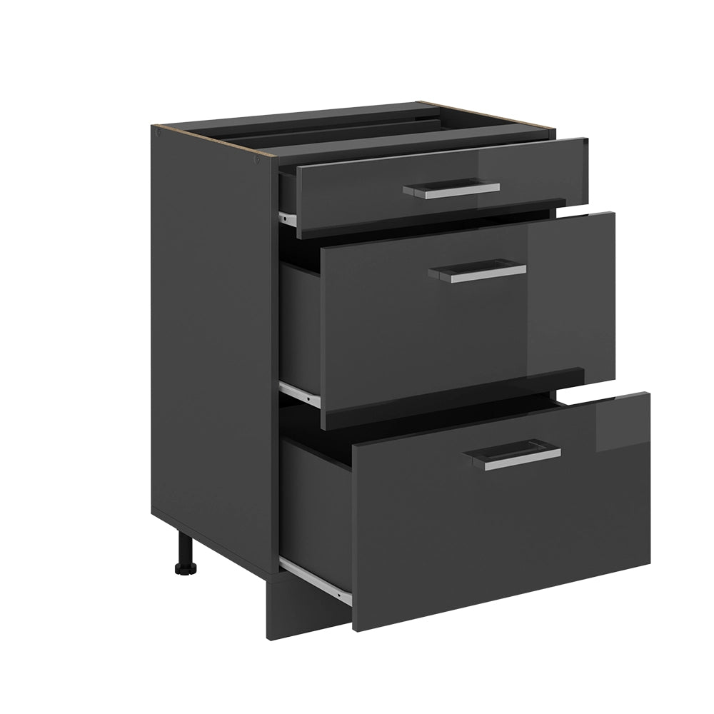 Mobiletto base per cucina R-Line Antracite lucido/Antracite 60 cm con cassetti, PL Rovere Vicco