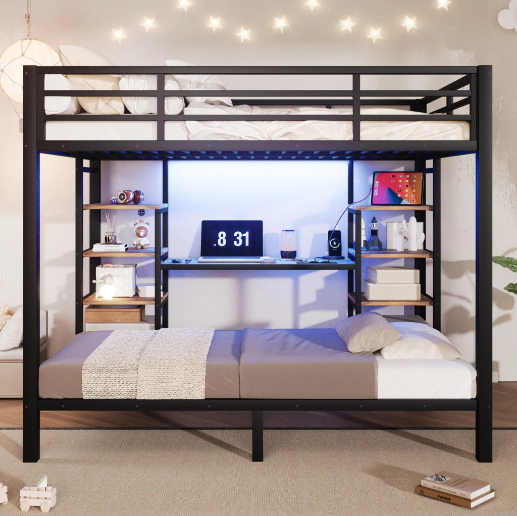 Letto a castello 90x200 e 140x200 cm con LED, USB e ripiani in metallo nero