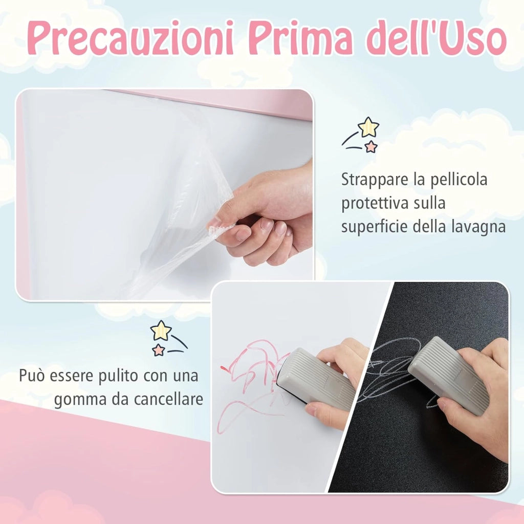 3 in 1 Cavalletto per Bambini con Doppia Faccia, Cavalletto per Disegno con 2 Vassoi e 2 Scatole, Lavagna Bambini in Legno (Rosa)