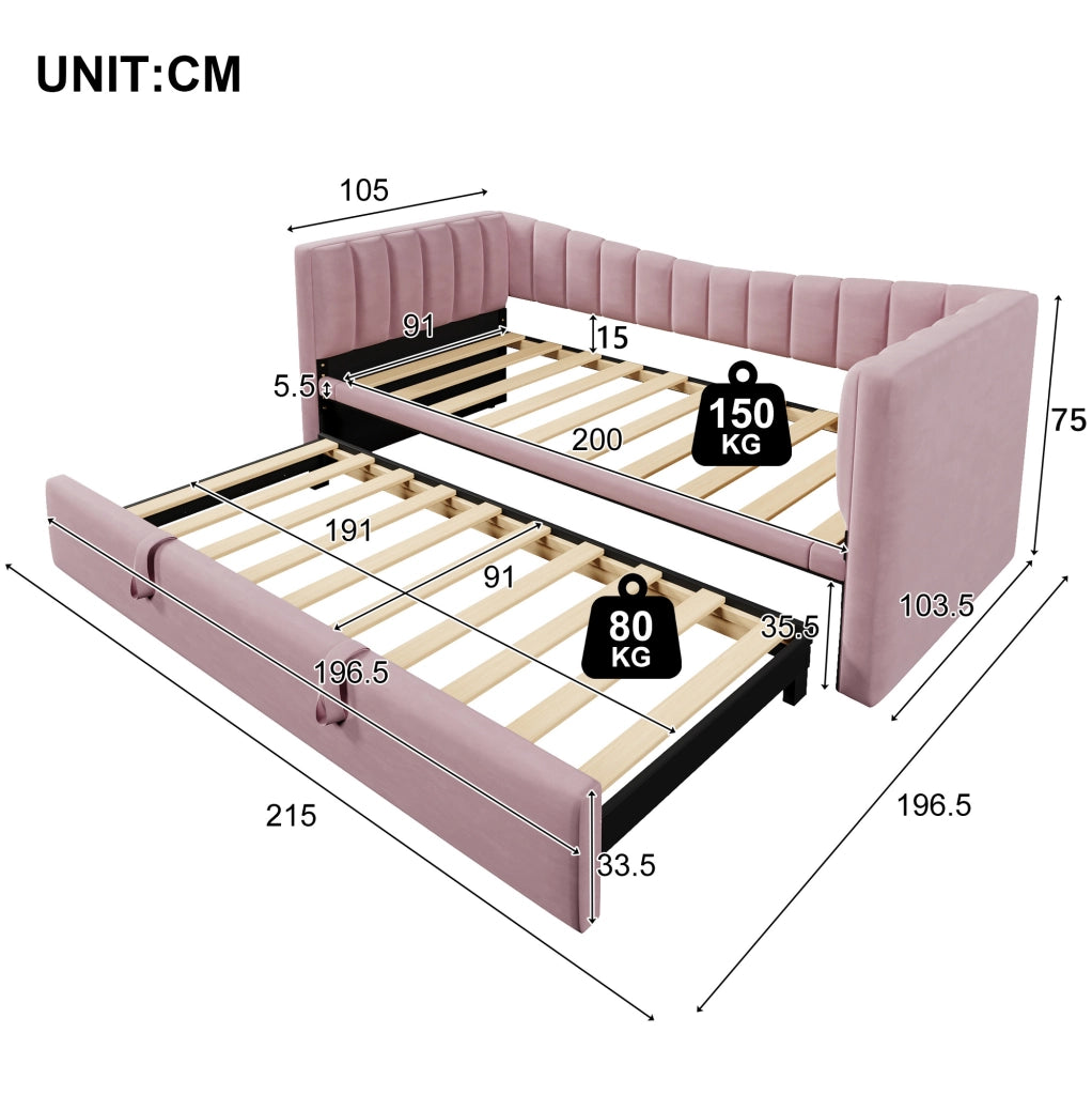 Letto daybed imbottito 90x200 cm con letto estraibile, in velluto rosa