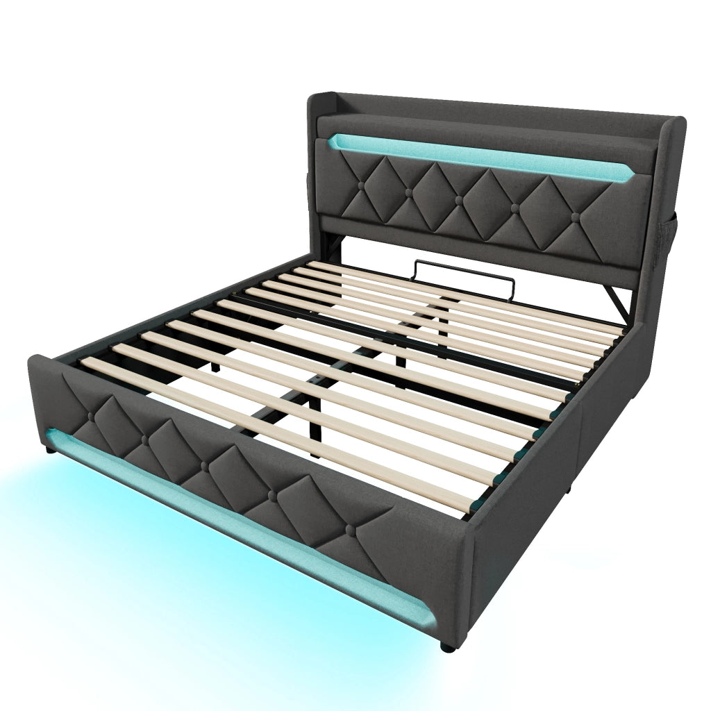 Letto matrimoniale imbottito 140x200 cm con contenitore e LED