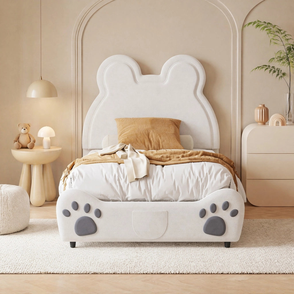 Letto imbottito per bambini a forma di orso; 90 x 200 cm; velluto bianco