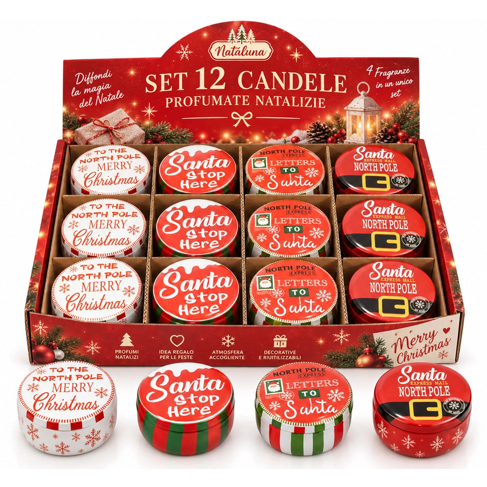 Set 12 Candele in Latta Natalizie Profumate Box Natale 4 Fragranze Assortite