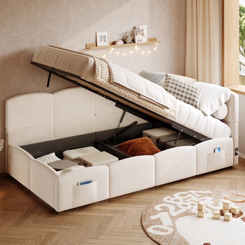 Letto a divano con vano contenitore in velluto beige 90x200 cm