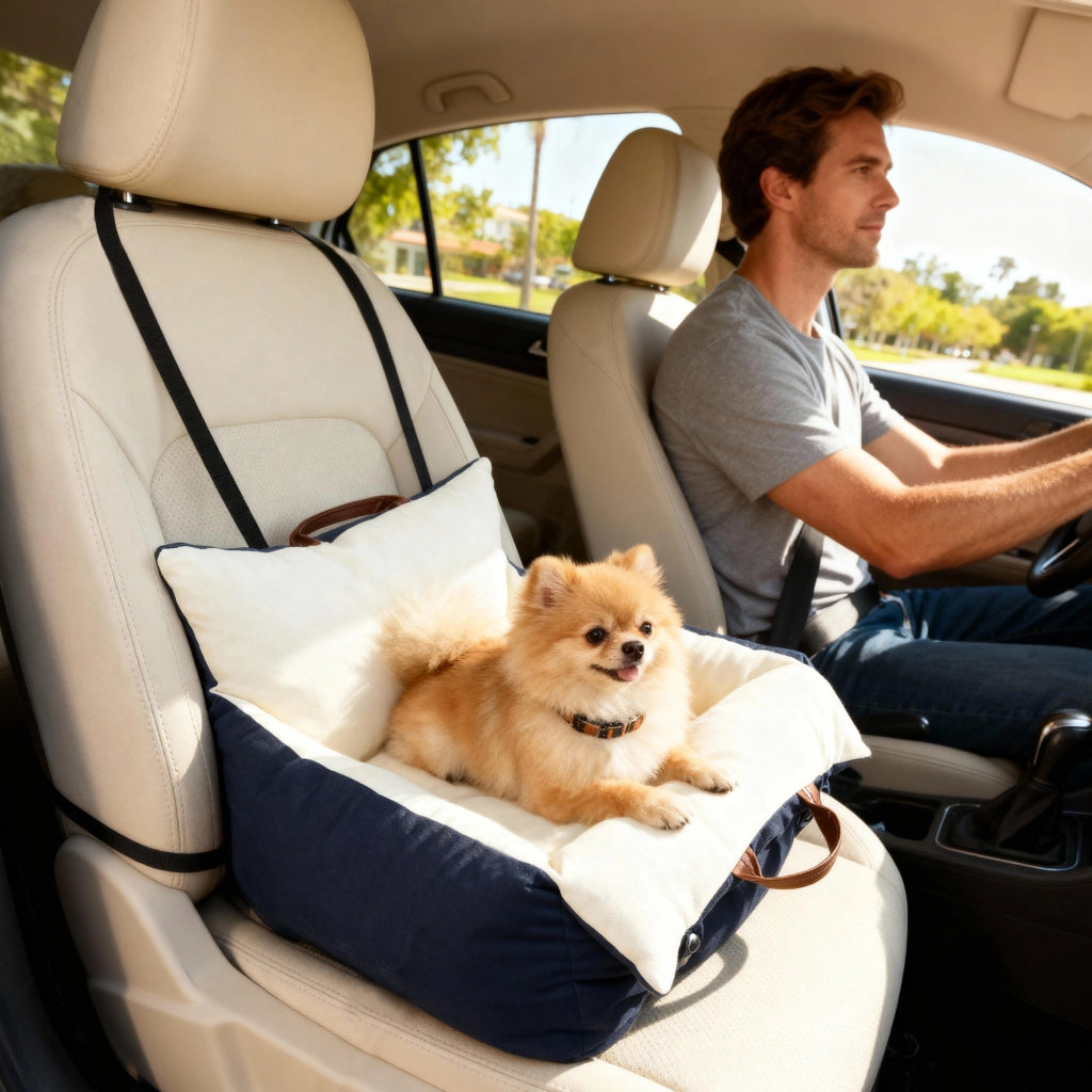Seggiolino auto per cani fino a 5 kg con 2 cinture di sicurezza, cuscino viaggio animali con fodera lavabile, pratico e confortevole, blu