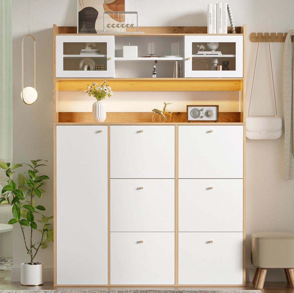 Armadio scarpiera sottile con 6 ribaltine, 1 anta in vetro e illuminazione LED, 130x25x85 cm, colore bianco e naturale