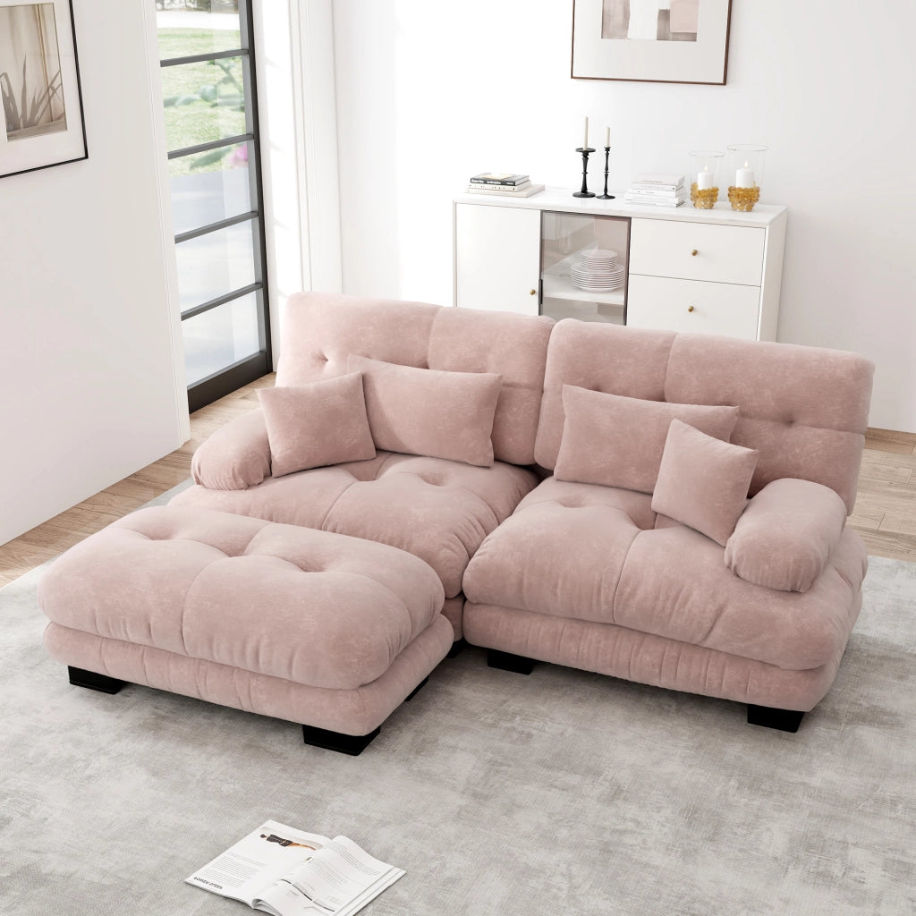 Divano Angolare in Tessuto Chenille con Ottoman e Cuscini ¨C MINIMAL ¨C Rosa