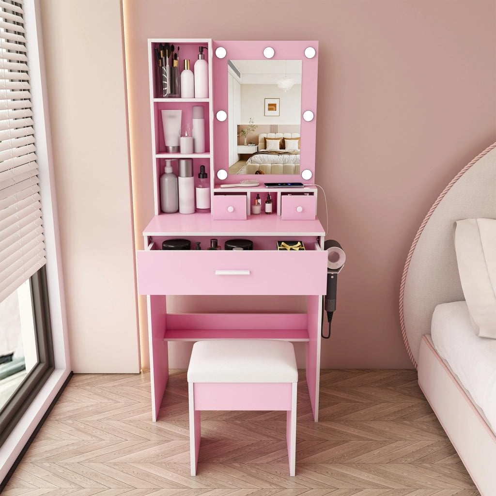 Toeletta, con sgabello, specchio, illuminazione a LED, presa di corrente, supporto per asciugacapelli, rosa