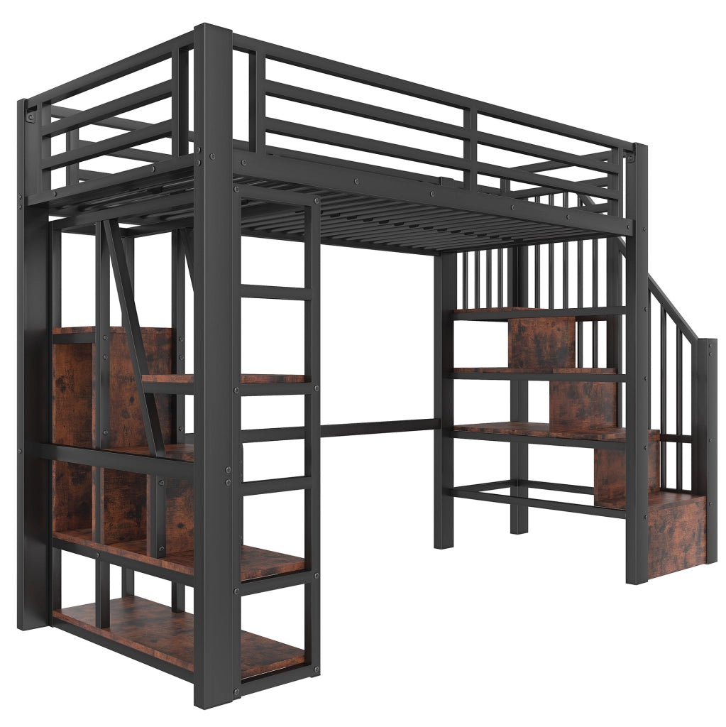 Letto a soppalco 90x200 cm con LED, scaffali e scala in metallo e MDF nero