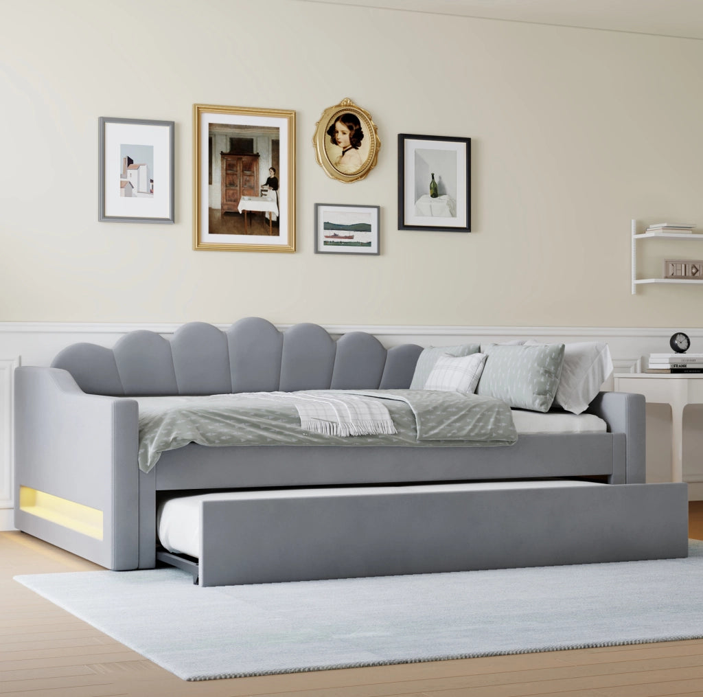 Letto imbottito 140x200 cm con LED e letto estraibile, grigio