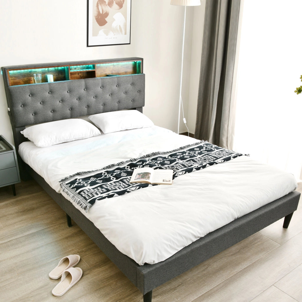 Letto imbottito grigio 140x200 con testiera contenitore