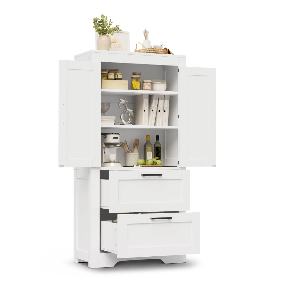 Credenza alta con 2 cassetti e ripiani regolabili in MDF bianca