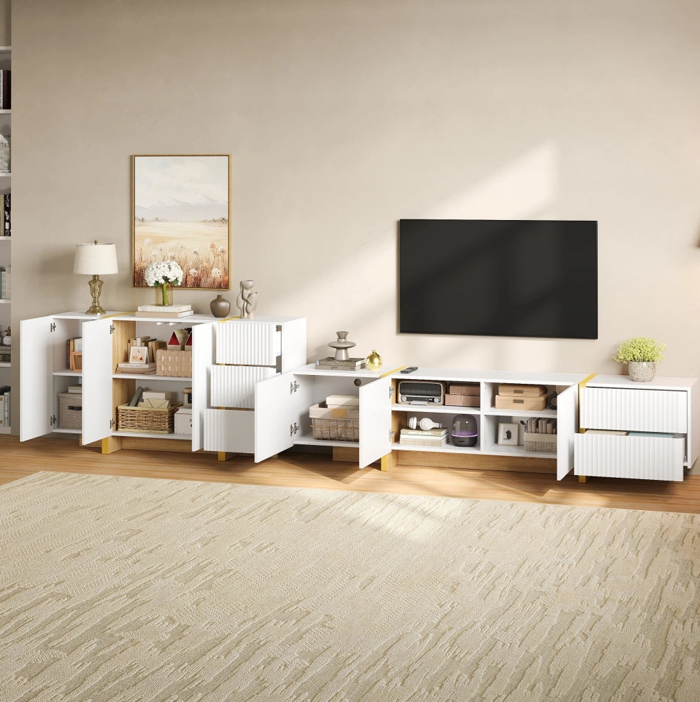 Set mobile TV e sideboard bianco con frontali a scanalature