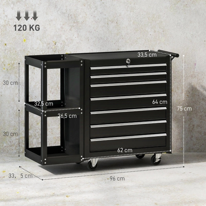 Carrello da officina/carrello portautensili con 7 cassetti, ripiano laterale removibile, 4 ruote con freno di bloccaggio, 96x33,5x75 cm, nero