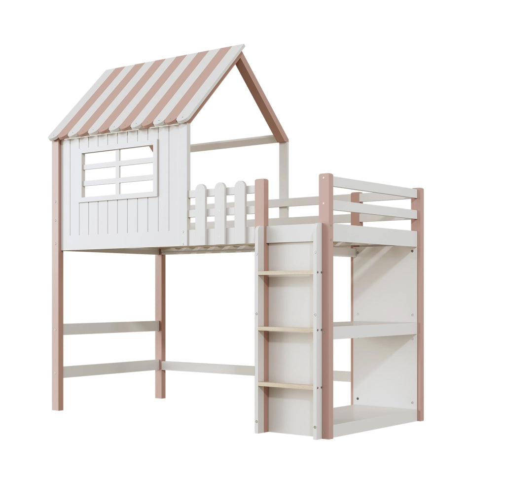 Letto per bambini 90x200 cm in legno massiccio con soppalco e scala di sicurezza rosa