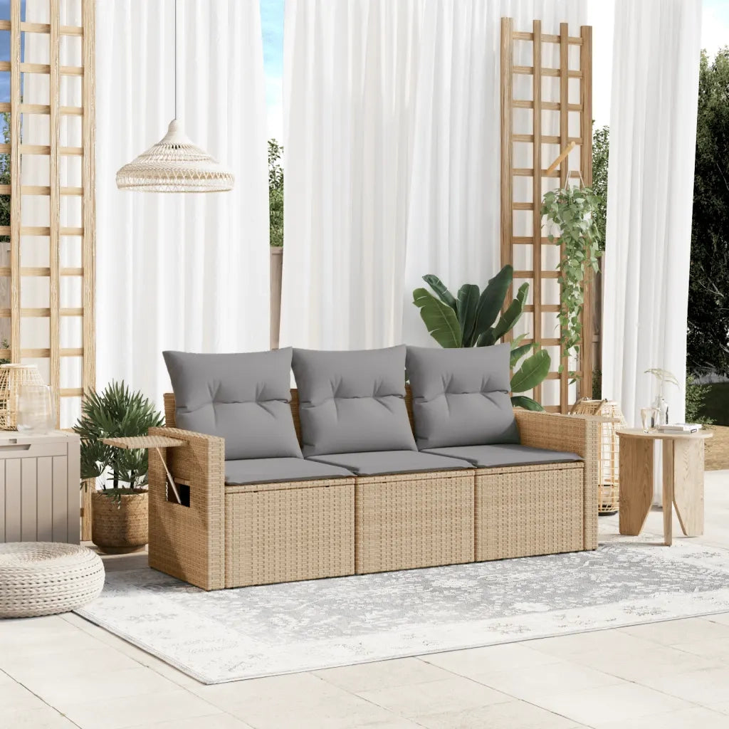 Set Divano da Giardino 3 pz | Set Salotto da Giardino con Cuscini Beige in Polyrattan
