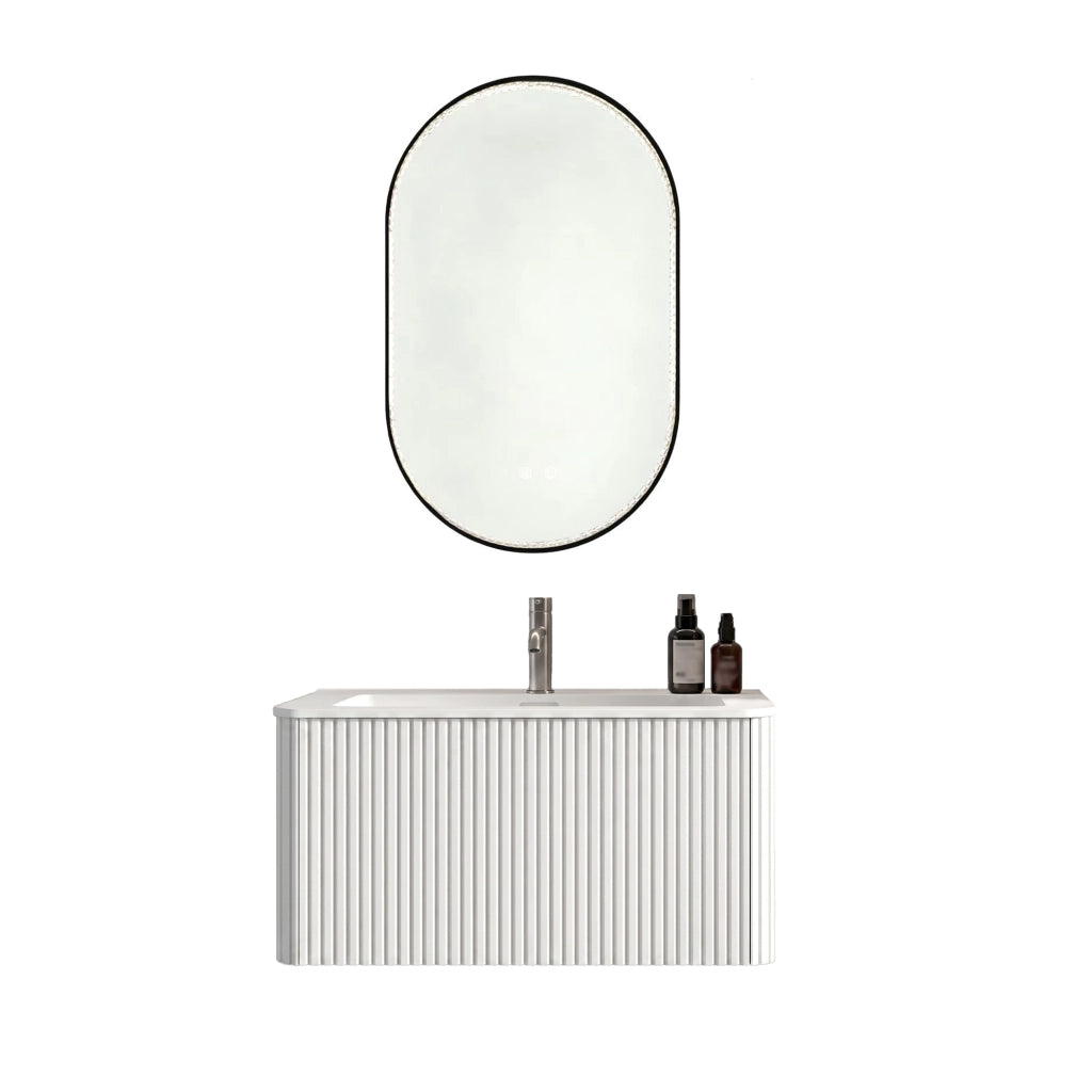 Set mobile bagno bianco: lavabo 80 cm con sottolavabo preassemblato e 1 cassetto, specchio ovale 50x80 cm con cornice nera e strass