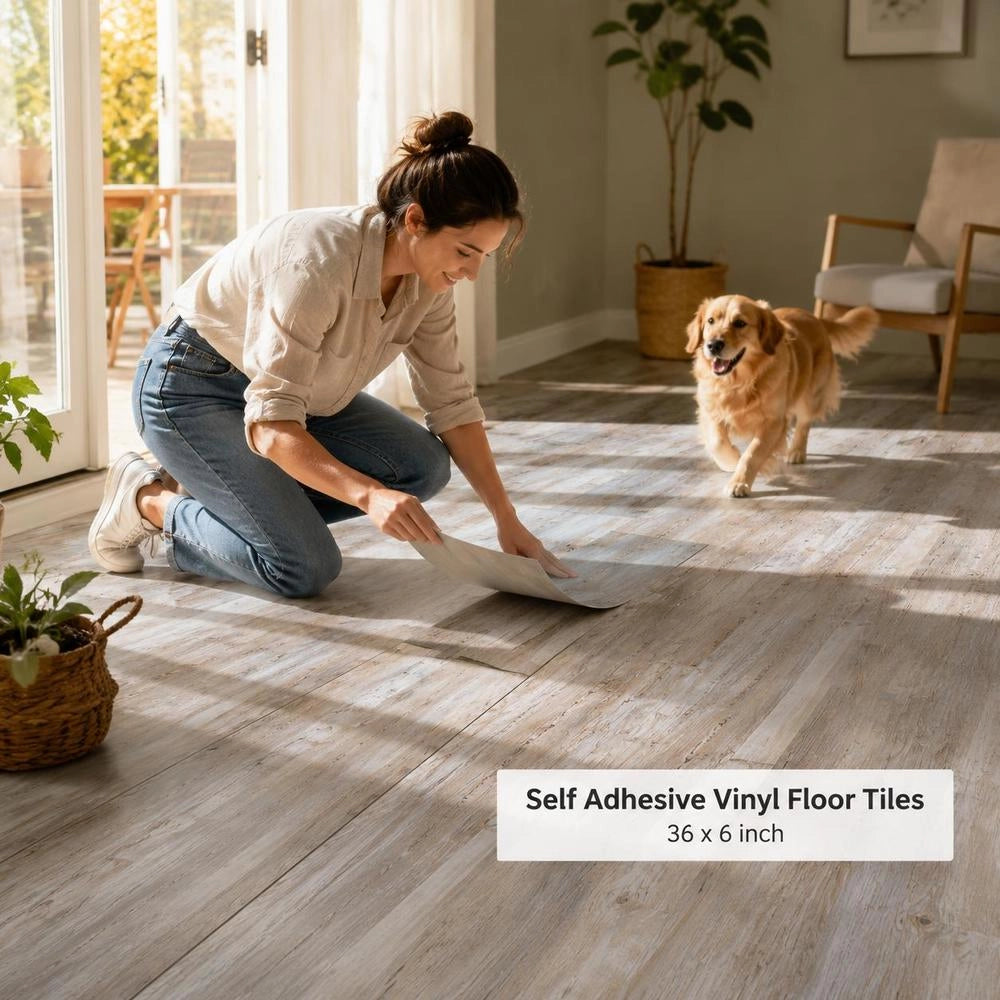 Self-adhesive Vinyl Floor Tiles, 91.4 X 15.2 Cm, 36 Pieces, 0.62 Mm Thick, Peel And Stick, Vintage Wood Grain, DIY Flooring For Kitchen, Dining Room, Bedroom And Bathroom