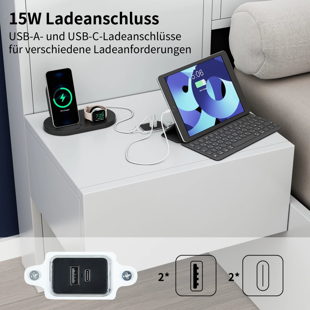 Letto Matrimoniale 180x200 cm e 160x200 cm; USB-A e USB-C; Bluetooth; MDF; Bianco