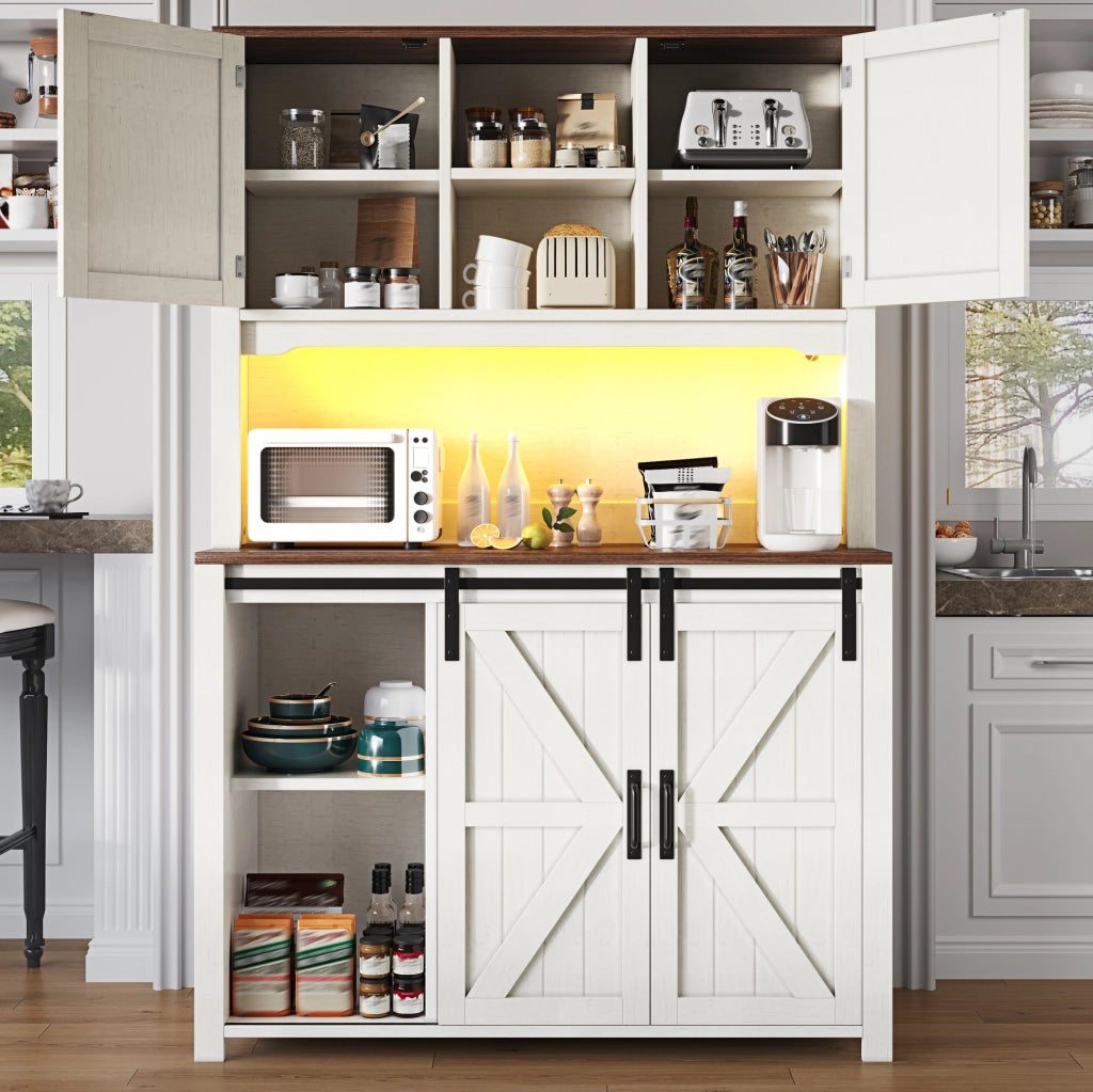 Credenza da Cucina 115x40x175 cm con Ante Scorrevoli, LED Multicolore e Ripiani Regolabili, Bianco Vintage