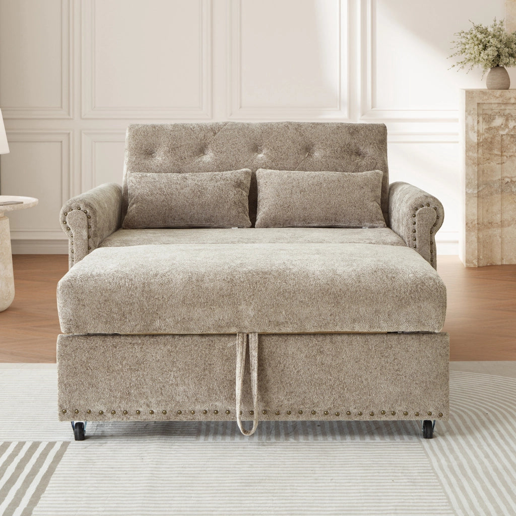 Divano letto 2 posti ¨C Minimal ¨C tessuto chenille beige con 2 cuscini