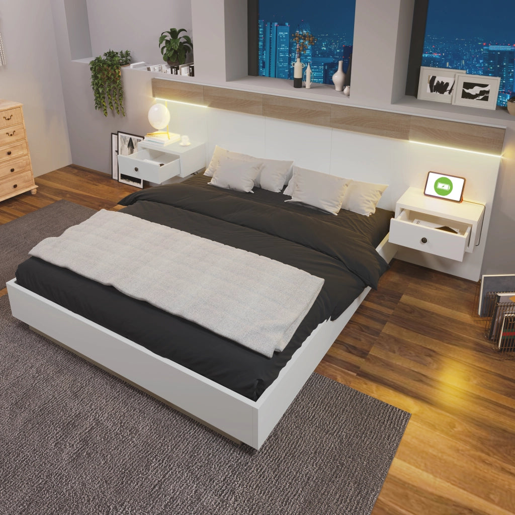 Letto matrimoniale 180x200 cm con comodini LED