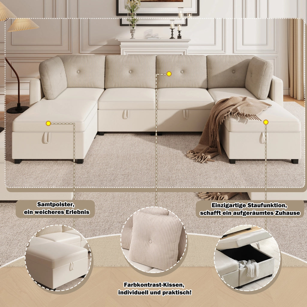 Divano Modulare a U con Contenitore; Beige