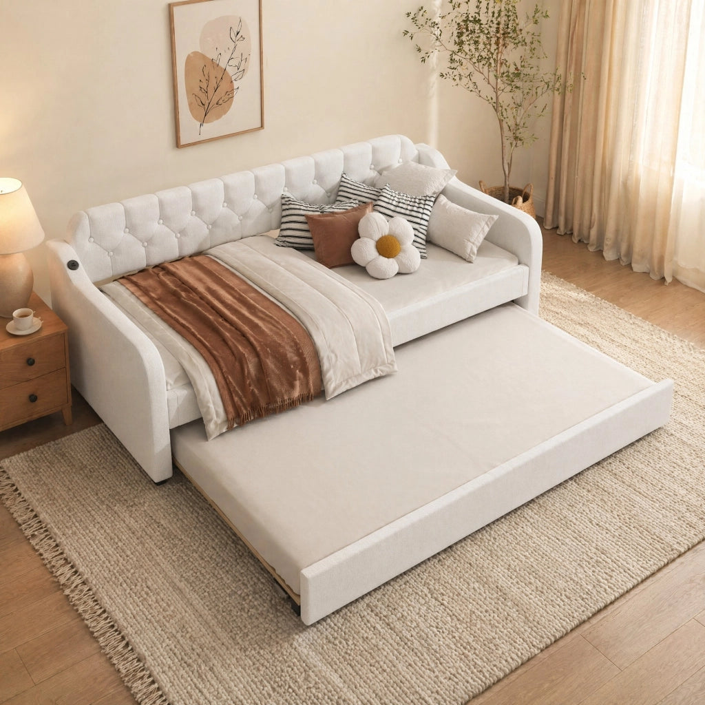 Divano letto estraibile 90x200 cm con USB; 10 doghe; in lino beige e MDF