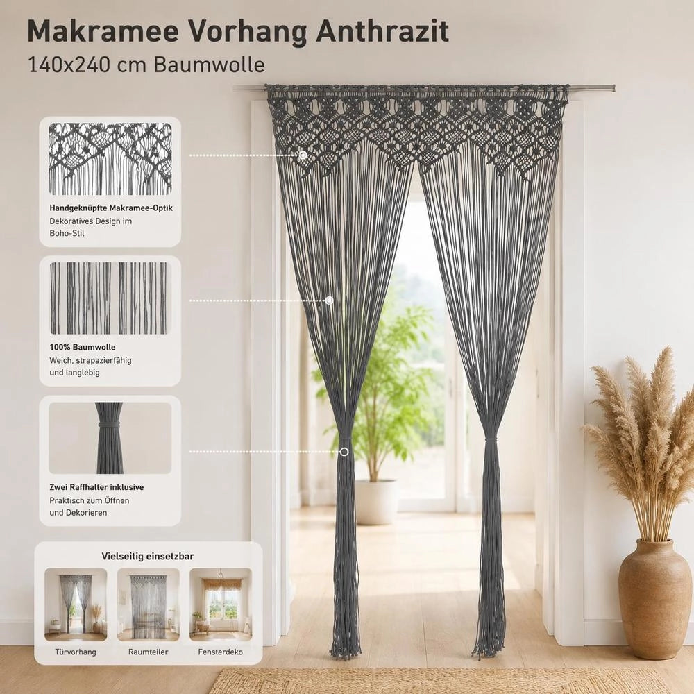 Macrame Curtain Anthracite 140x240 Cm Cotton
