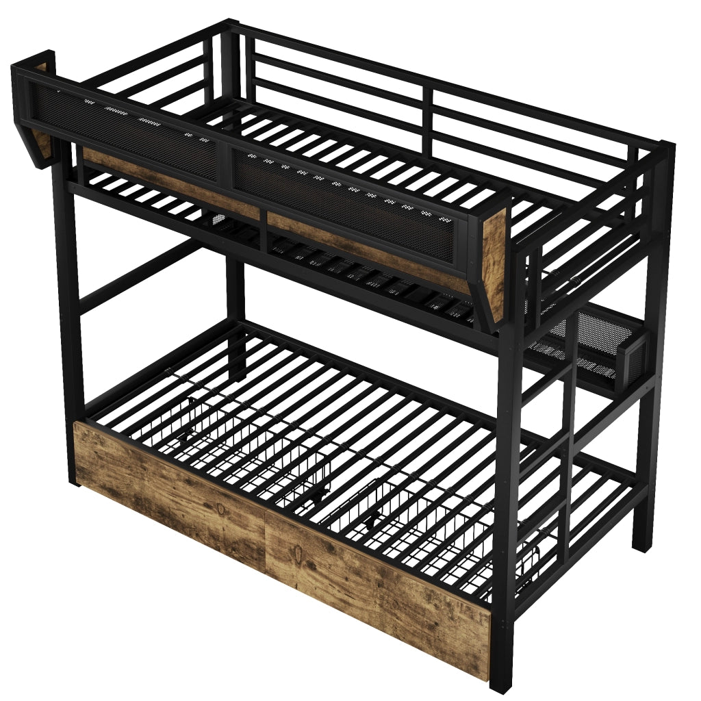 Letto a soppalco 90x200 cm in metallo e MDF; nero; con cassetti e luce LED