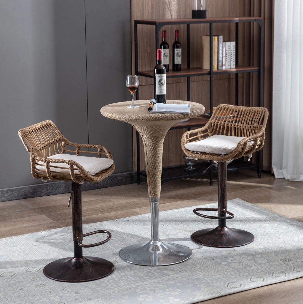 Set di 2 sgabelli da bar girevoli in rattan regolabili in altezza, beige, con struttura in metallo, 49x48x89-109 cm