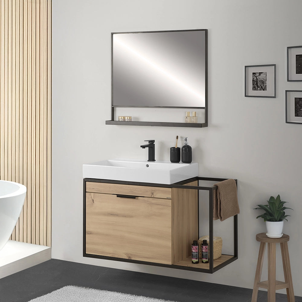 Mobile bagno sospeso 100 cm in legno e metallo nero con specchio Zante