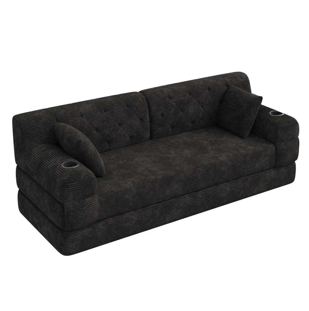 Divano Letto 3 Posti in Corduroy Nero con Schienale Alto, Struttura in Metallo, 4 Tasche Laterali e 2 Portabicchieri - Ideale per Soggiorno e Spazi Ridotti