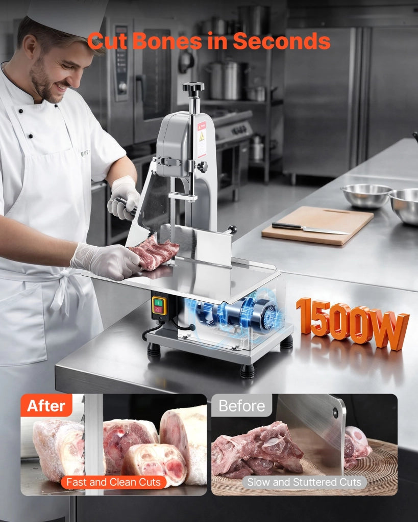 Segaossa Elettrica per Carne e Ossa Congelate BS-130 1500W Tavolo 315x460mm Spessore 0-110mm con 7 Nastri Ricambio Robusta