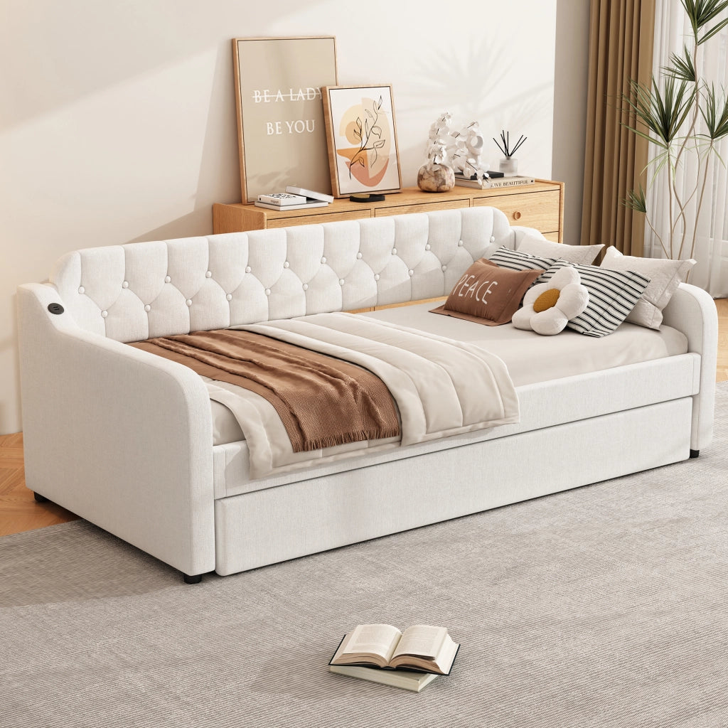 Divano letto estraibile 90x200 cm con USB; 10 doghe; in lino beige e MDF
