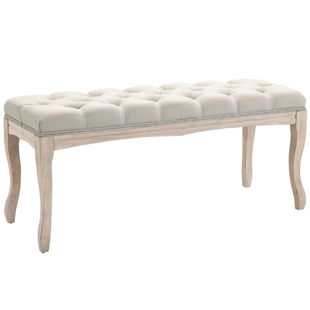 Panca Fondoletto Vintage con Seduta Imbottita in Tessuto e Gambe in Legno, 110x40x48cm, Beige