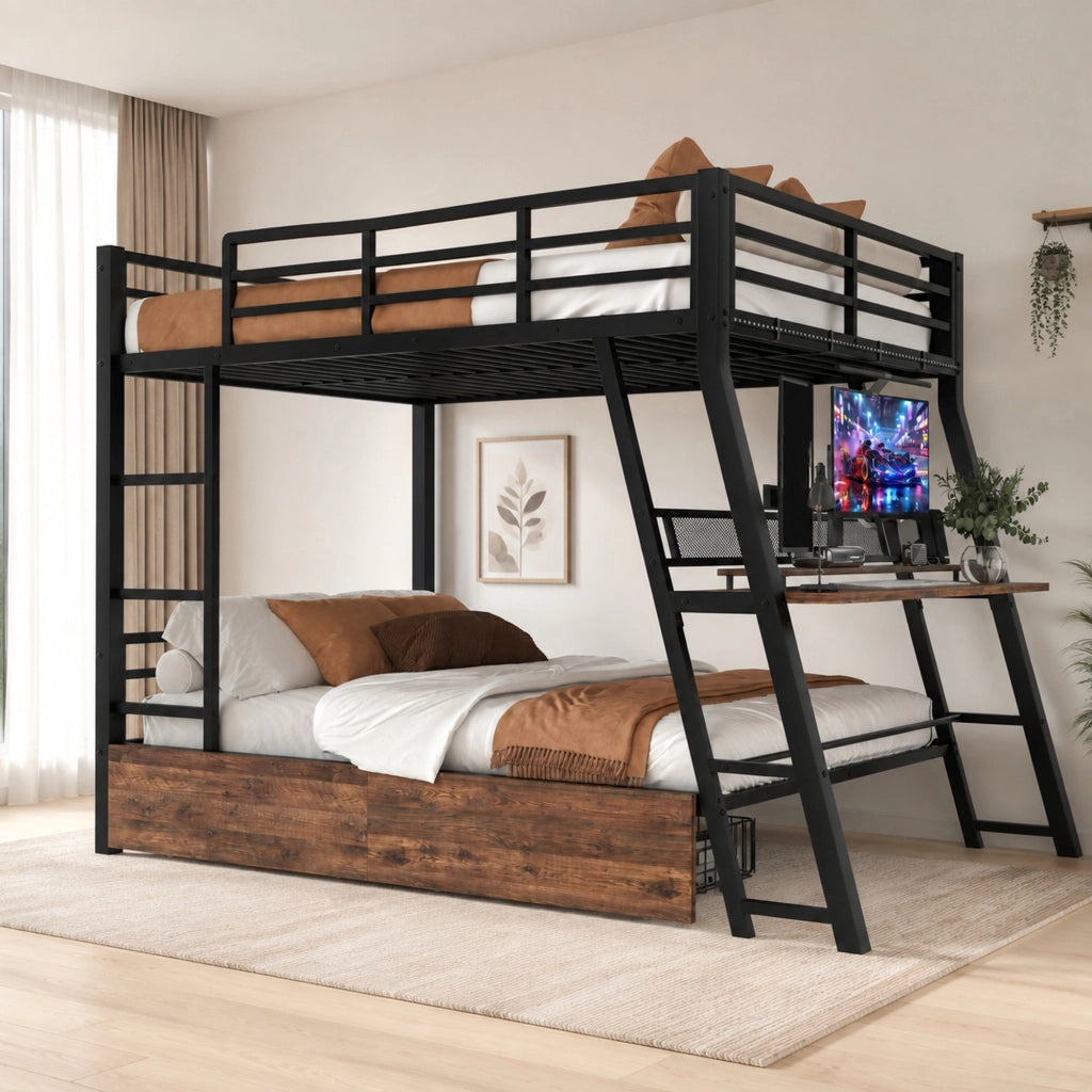 Letto a soppalco 140x200 cm con scrivania, cassetti e LED