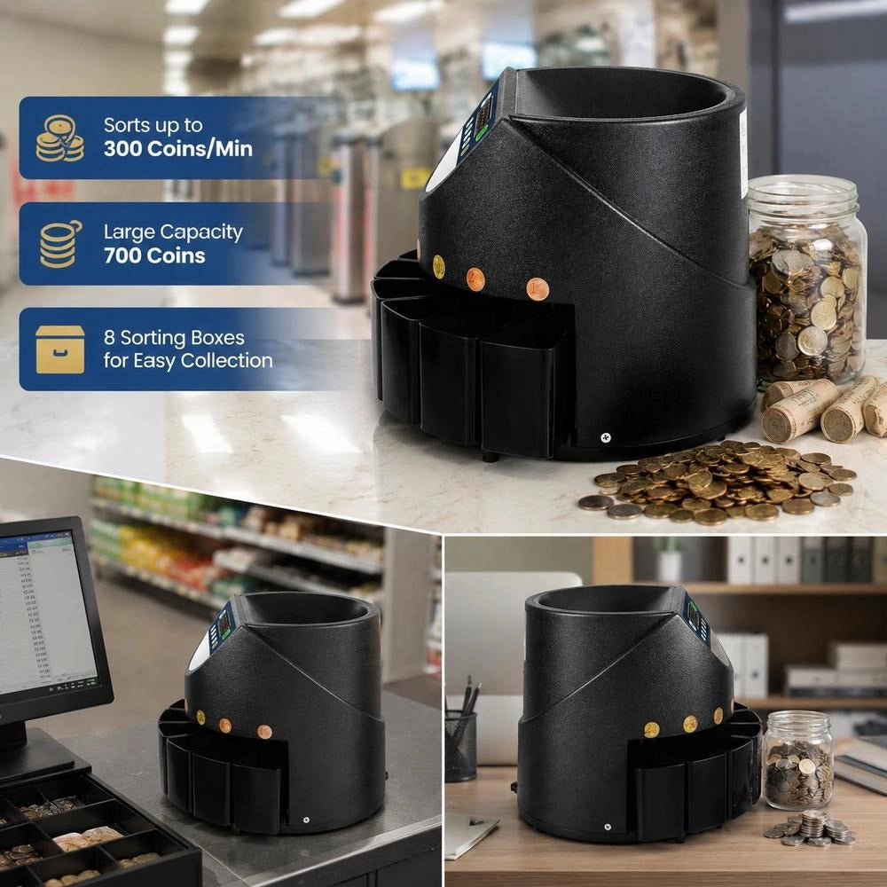 Coin Counting Machine, 220V; Coin Sorter, 300 Coins Per Minute; Coin Sorter, 700 Coin Capacity; Euro Coin Counter With 8 Collection Boxes; Money Counter, For Subways