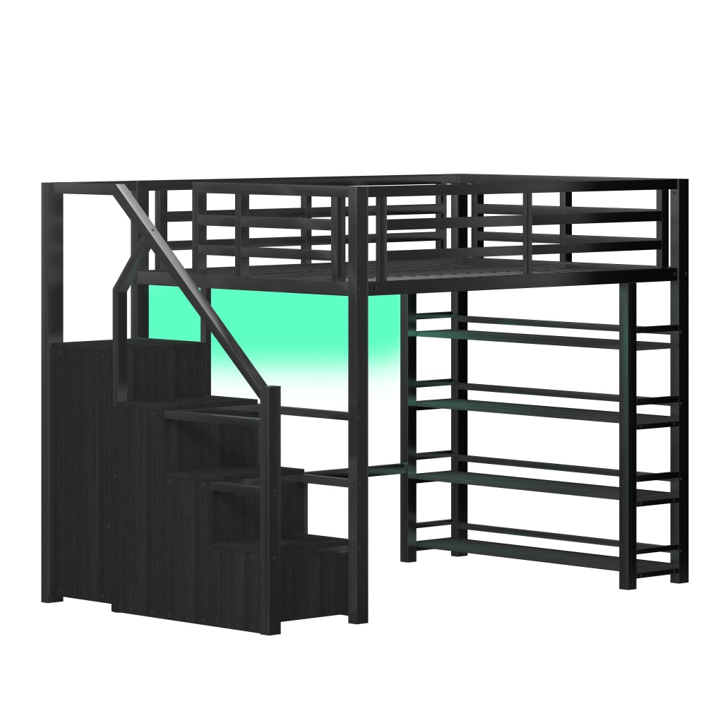 Letto a soppalco 140 × 200 cm con libreria e armadio; scala contenitore e LED in metallo e MDF nero